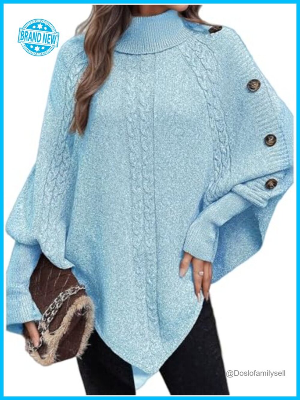 Oversized Cable Knit Turtleneck Poncho Sweater with Asymmetrical Hem